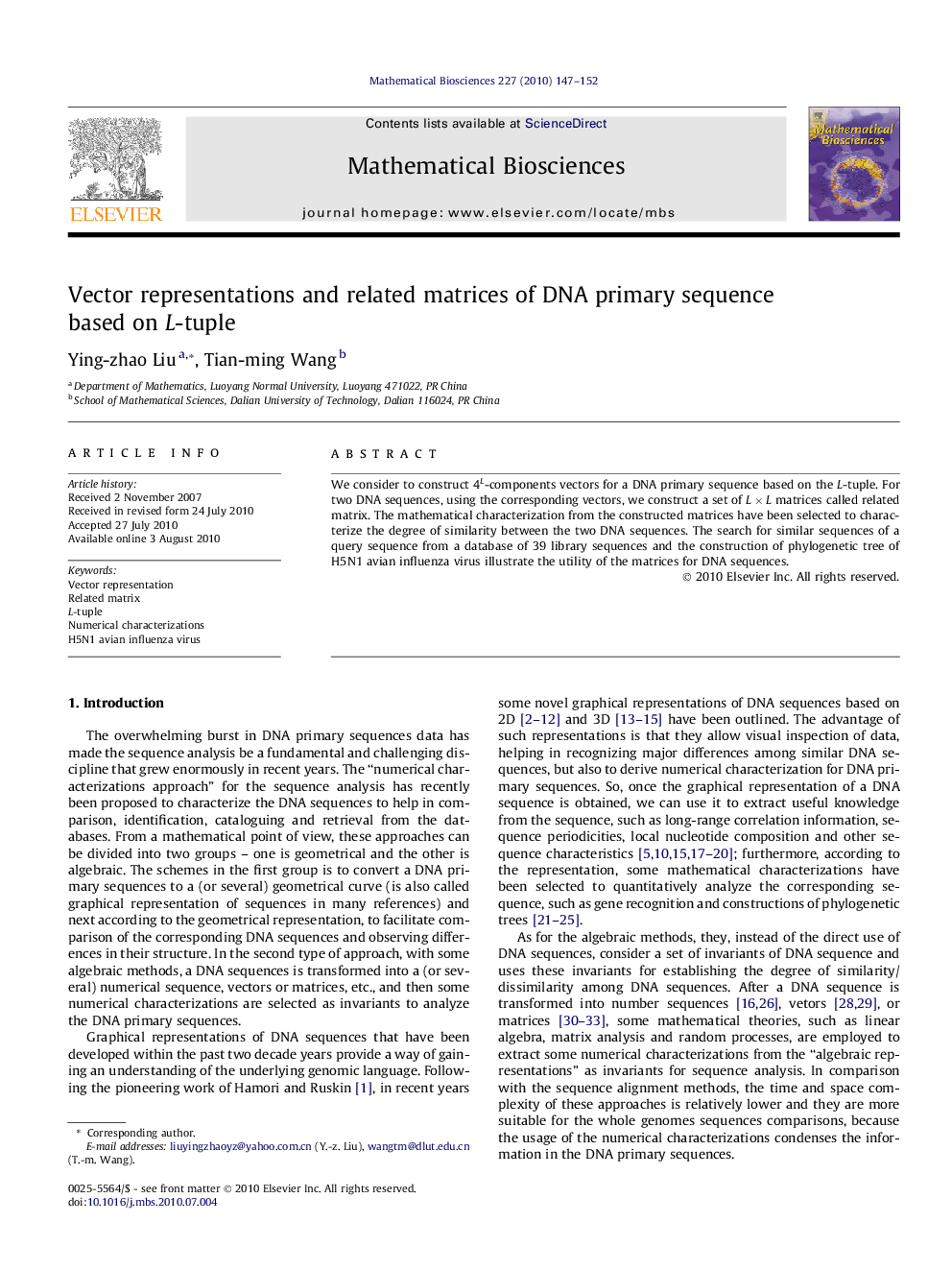 Vector representations and related matrices of DNA primary sequence based on L-tuple