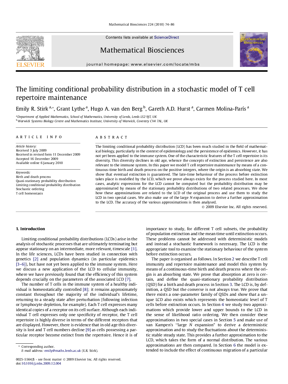 The limiting conditional probability distribution in a stochastic model of T cell repertoire maintenance