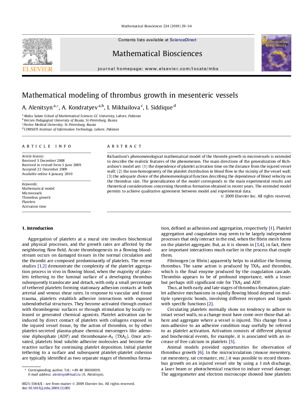 Mathematical modeling of thrombus growth in mesenteric vessels