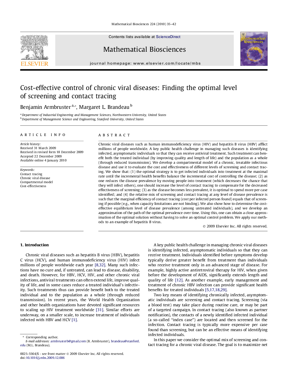 Cost-effective control of chronic viral diseases: Finding the optimal level of screening and contact tracing