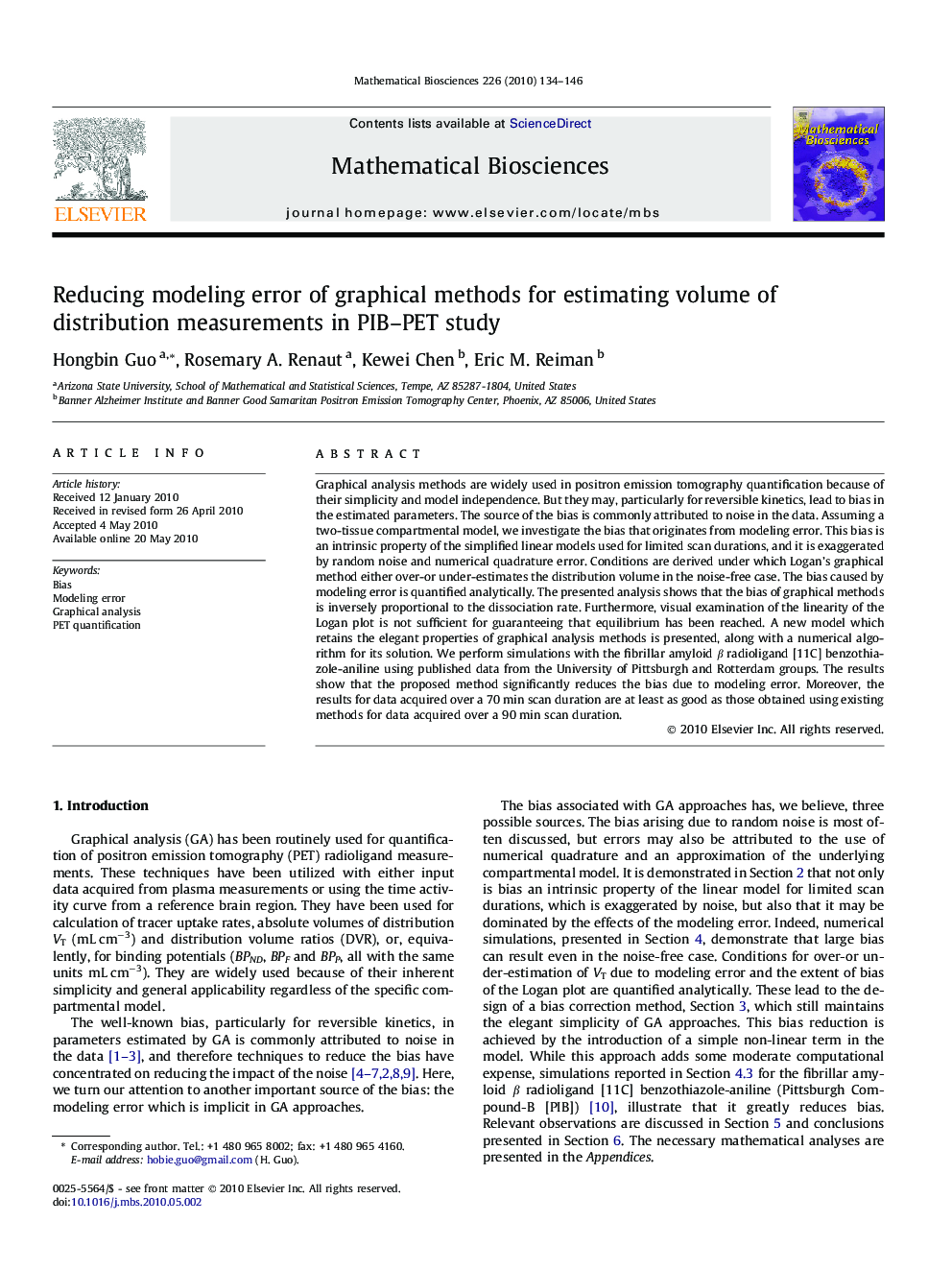 Reducing modeling error of graphical methods for estimating volume of distribution measurements in PIB-PET study