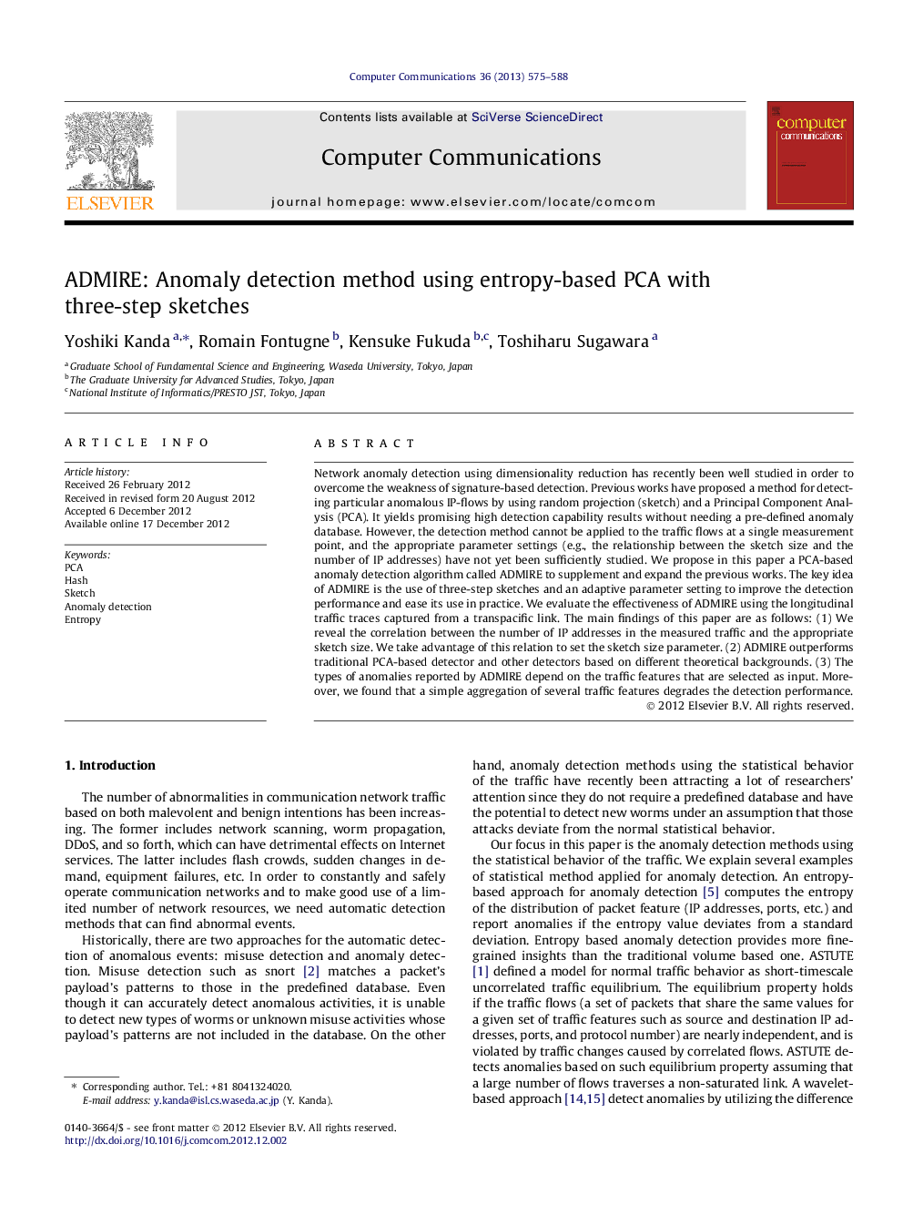 ADMIRE: Anomaly detection method using entropy-based PCA with three-step sketches