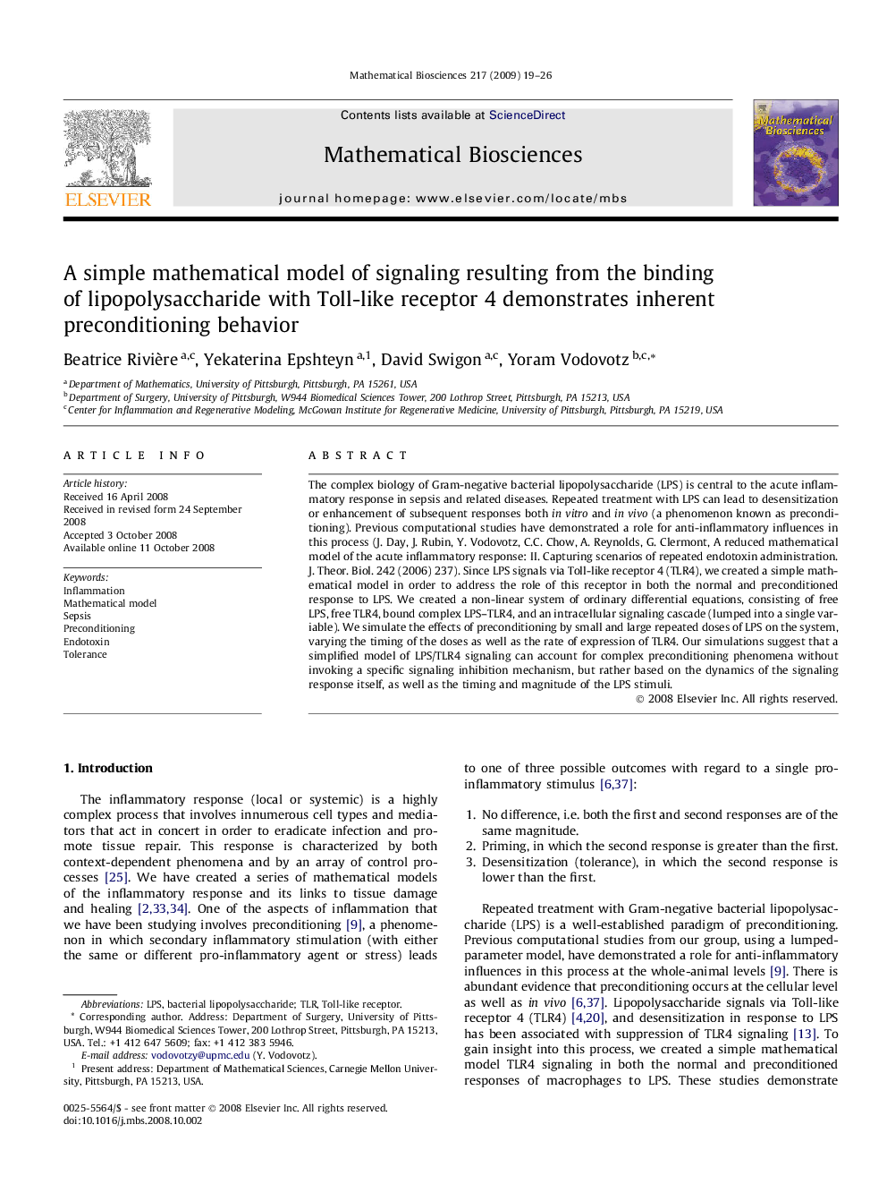 A simple mathematical model of signaling resulting from the binding of lipopolysaccharide with Toll-like receptor 4 demonstrates inherent preconditioning behavior