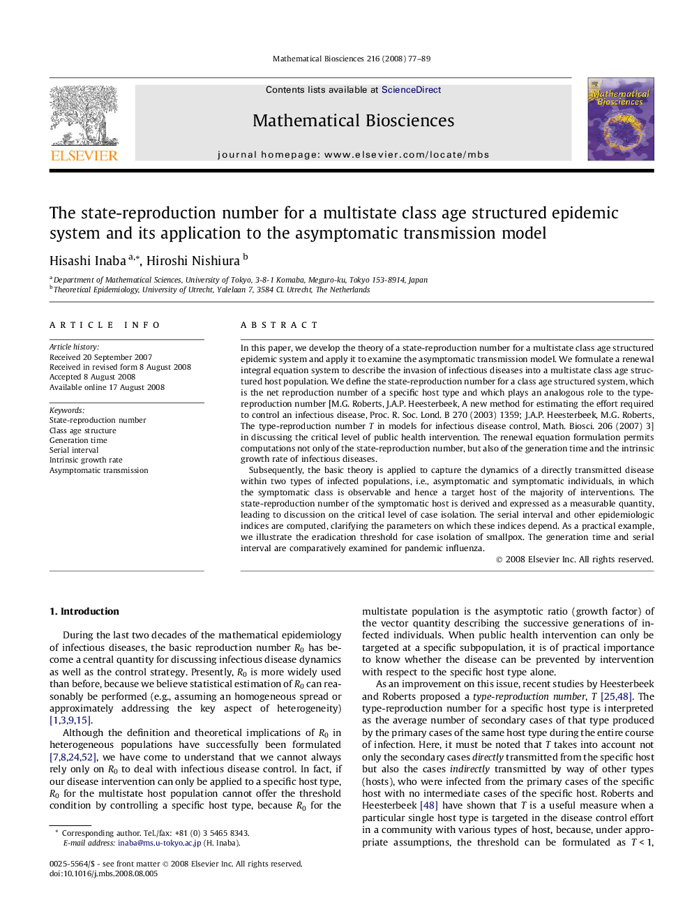 The state-reproduction number for a multistate class age structured epidemic system and its application to the asymptomatic transmission model