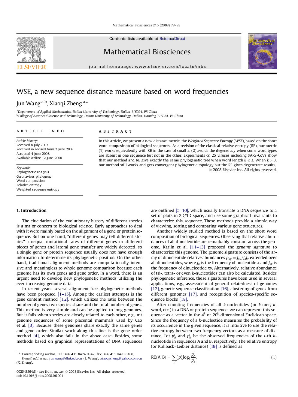 WSE, a new sequence distance measure based on word frequencies