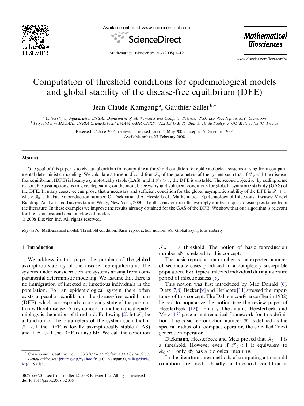 Computation of threshold conditions for epidemiological models and global stability of the disease-free equilibrium (DFE)