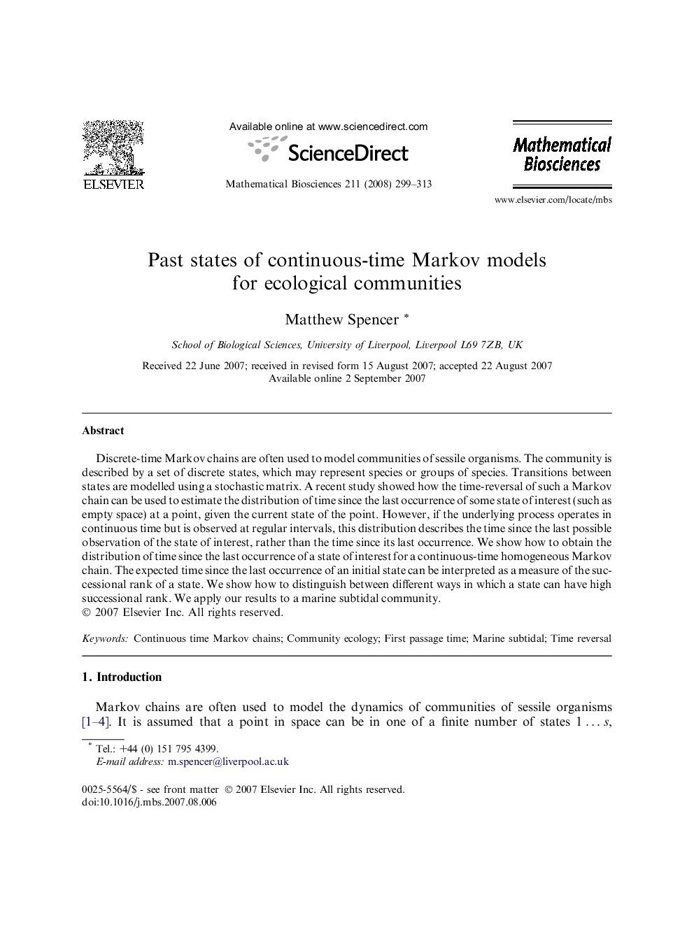 Past states of continuous-time Markov models for ecological communities