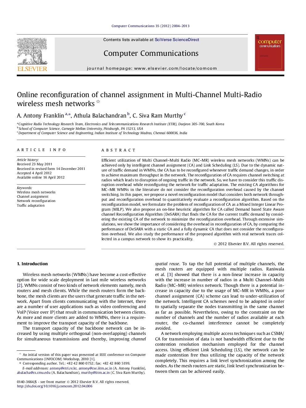 Online reconfiguration of channel assignment in Multi-Channel Multi-Radio wireless mesh networks 