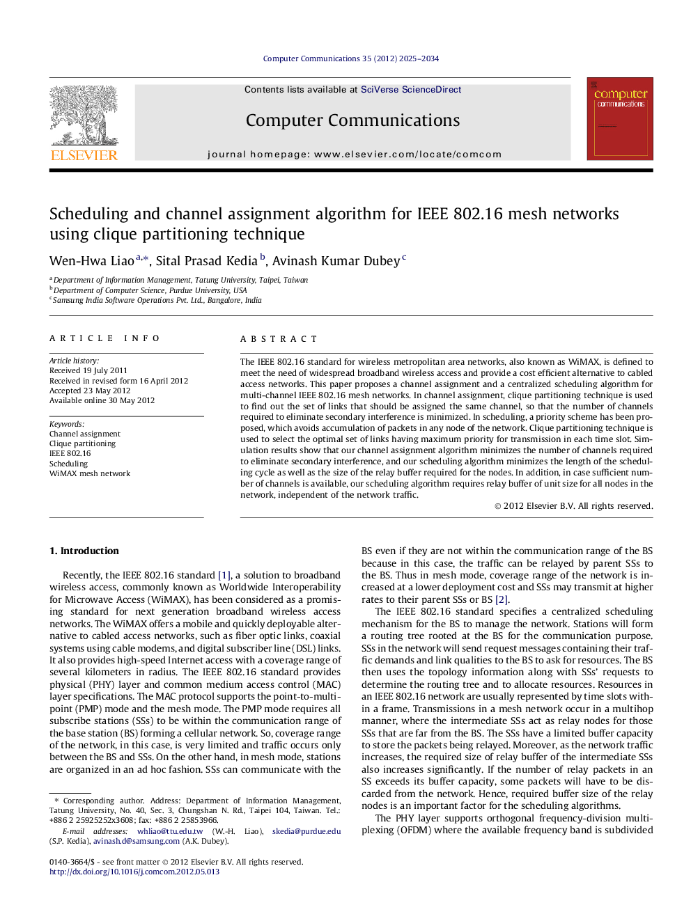 Scheduling and channel assignment algorithm for IEEE 802.16 mesh networks using clique partitioning technique