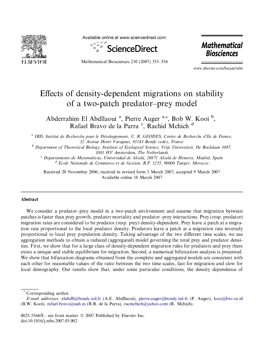 Effects of density-dependent migrations on stability of a two-patch predator–prey model