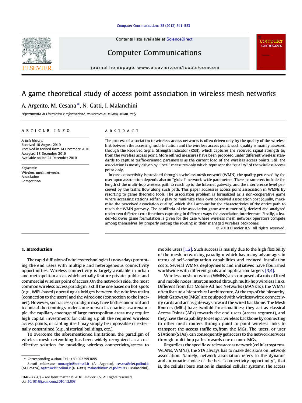 A game theoretical study of access point association in wireless mesh networks