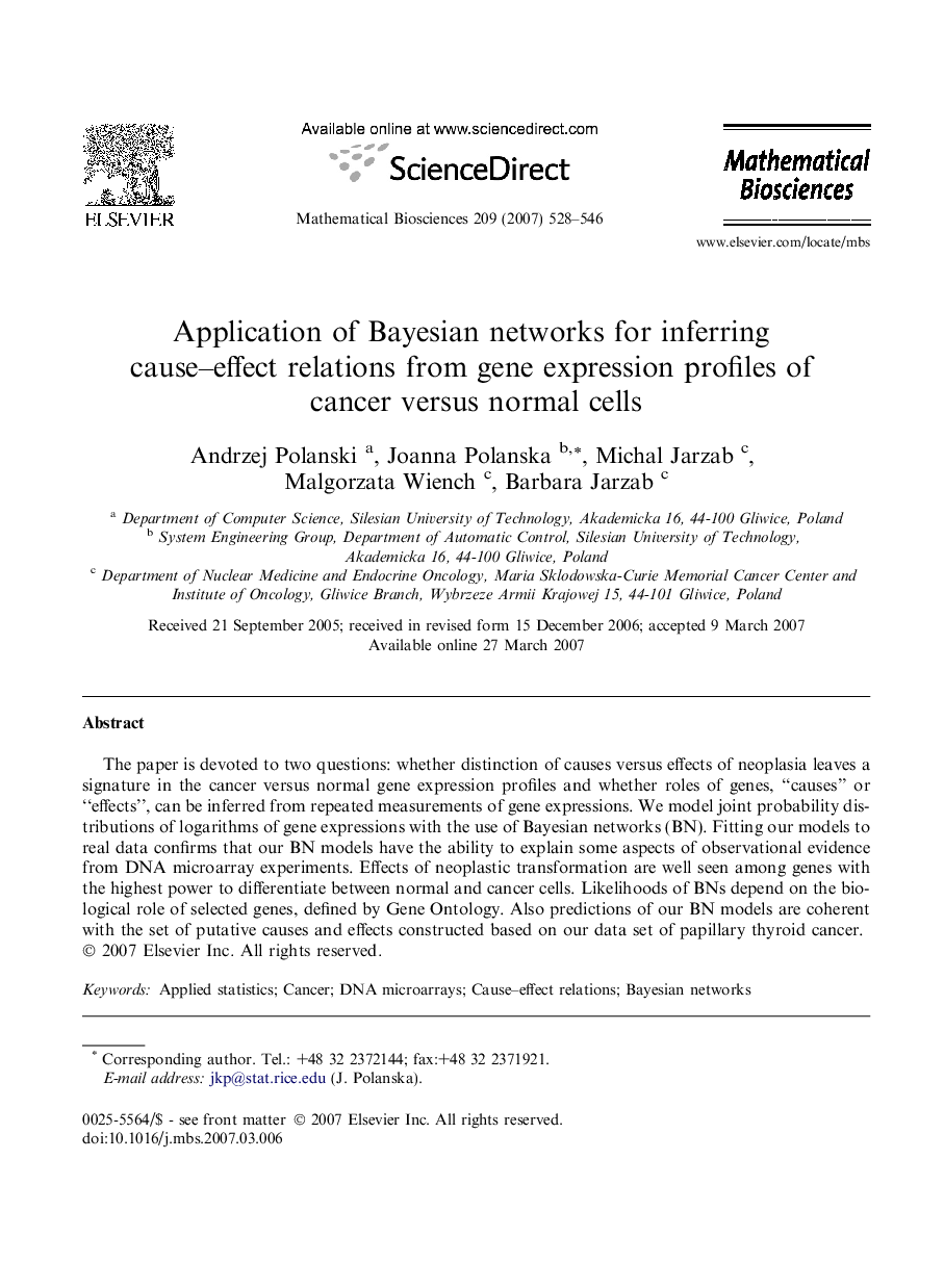 Application of Bayesian networks for inferring cause–effect relations from gene expression profiles of cancer versus normal cells