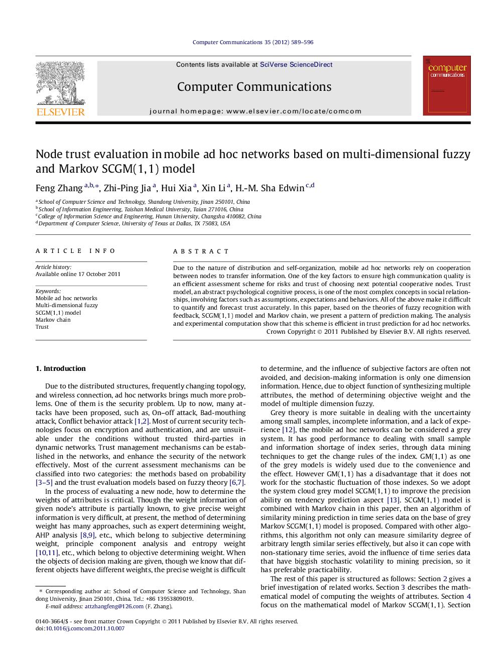 Node trust evaluation in mobile ad hoc networks based on multi-dimensional fuzzy and Markov SCGM(1, 1) model