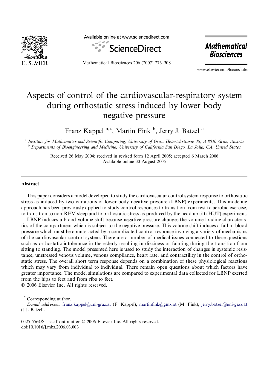 Aspects of control of the cardiovascular-respiratory system during orthostatic stress induced by lower body negative pressure