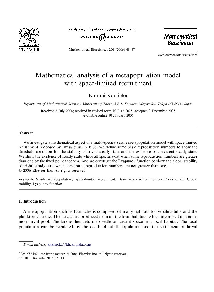 Mathematical analysis of a metapopulation model with space-limited recruitment