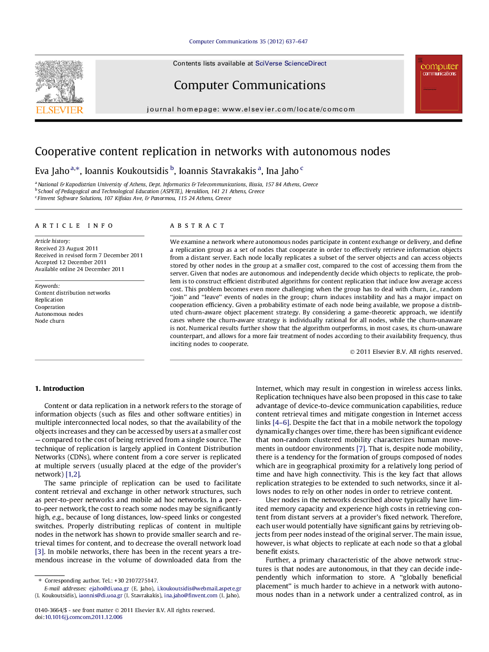 Cooperative content replication in networks with autonomous nodes