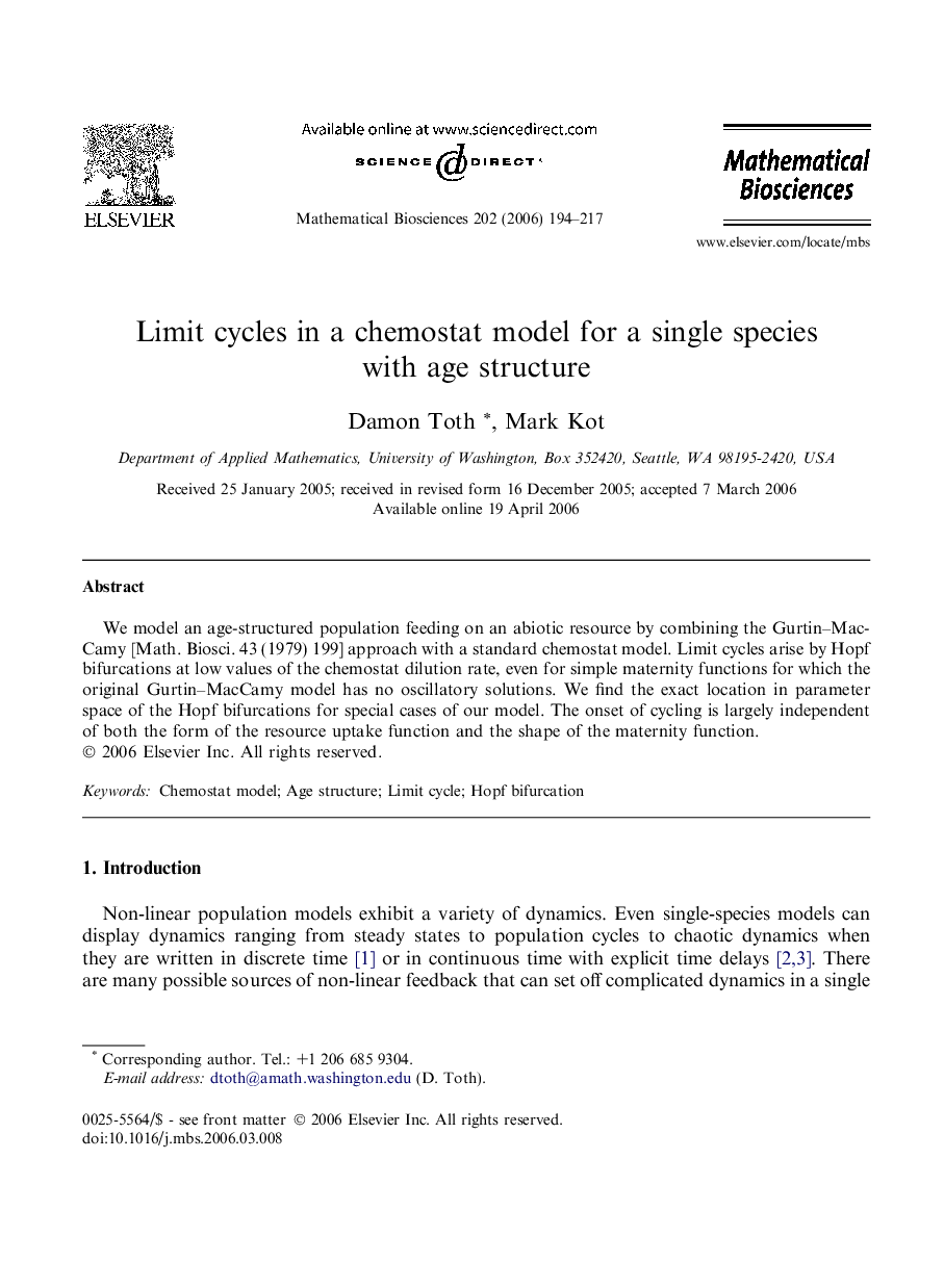 Limit cycles in a chemostat model for a single species with age structure