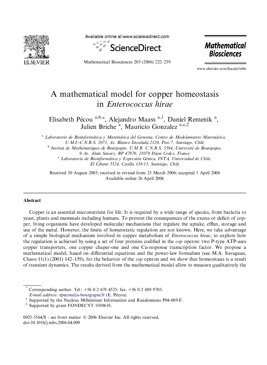 A mathematical model for copper homeostasis in Enterococcus hirae