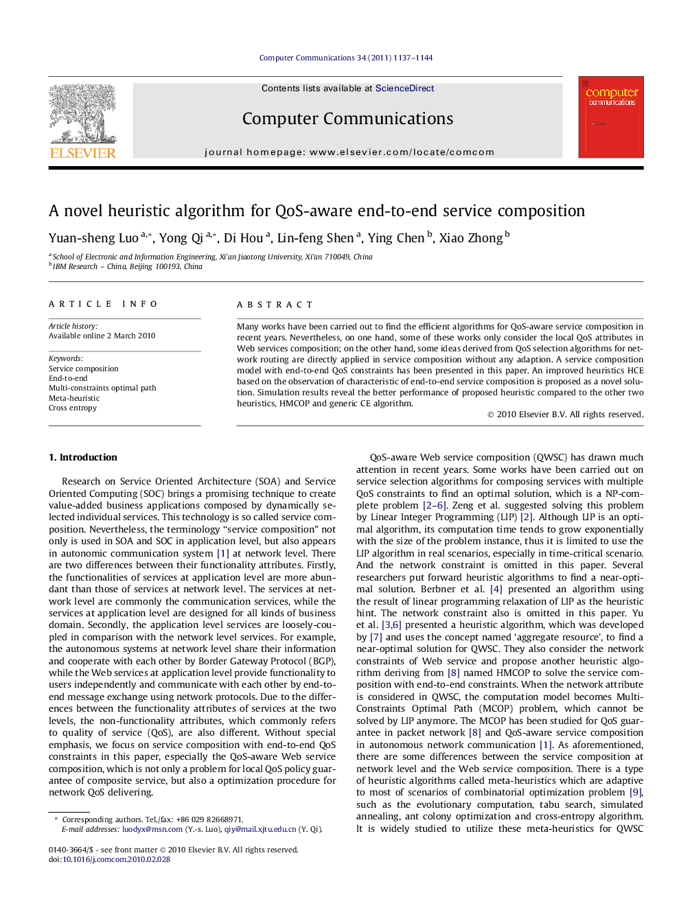 A novel heuristic algorithm for QoS-aware end-to-end service composition