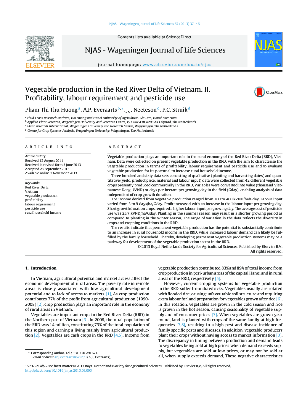 Vegetable production in the Red River Delta of Vietnam. II. Profitability, labour requirement and pesticide use