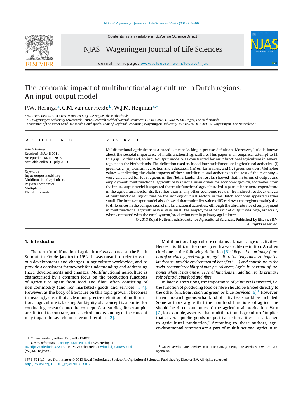 The economic impact of multifunctional agriculture in Dutch regions: An input-output model