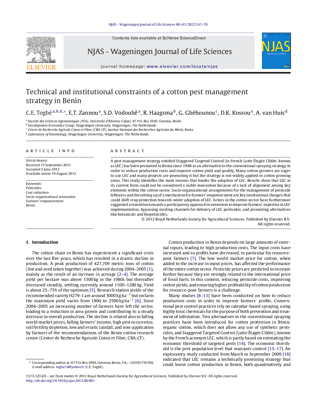 Technical and institutional constraints of a cotton pest management strategy in Benin