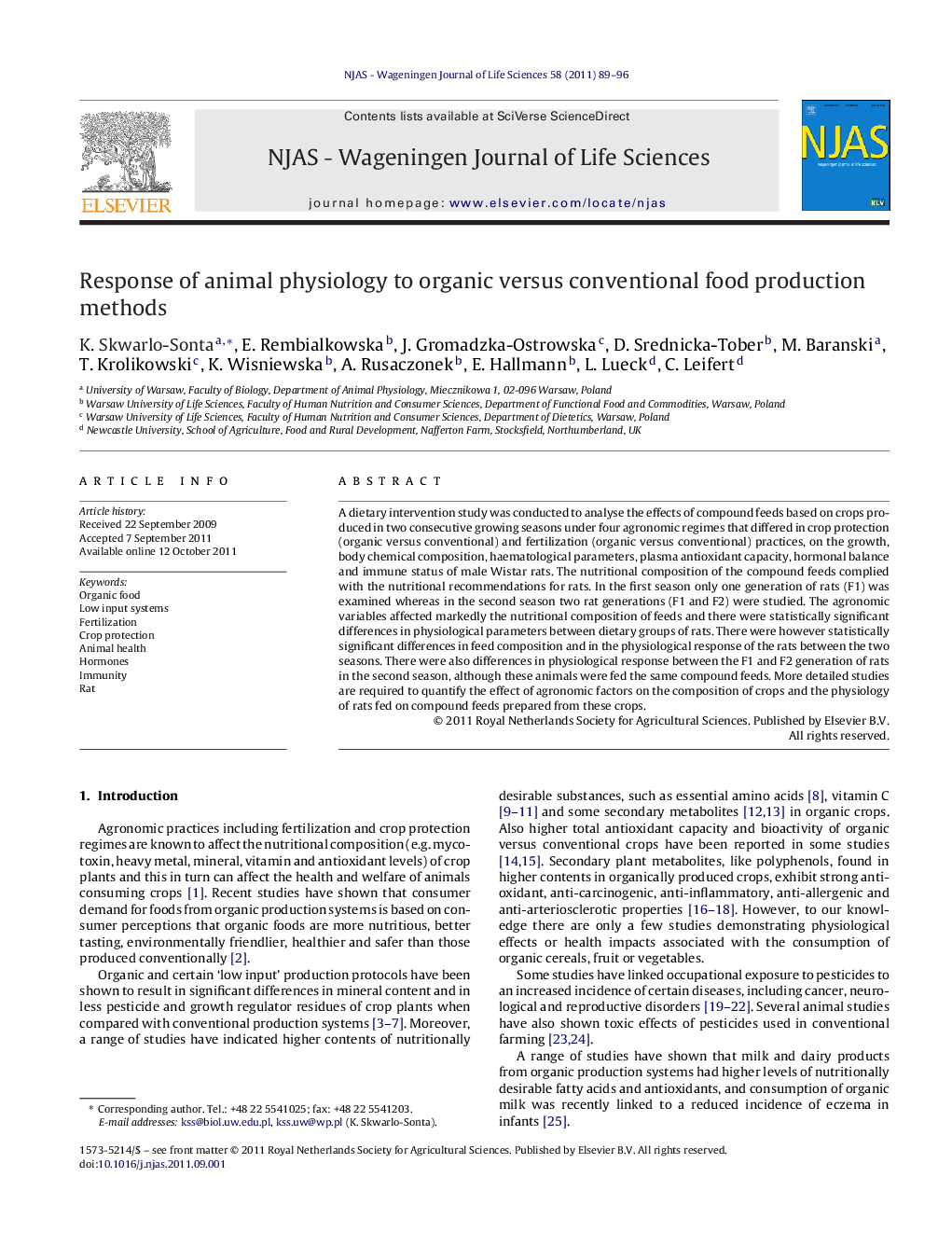 Response of animal physiology to organic versus conventional food production methods