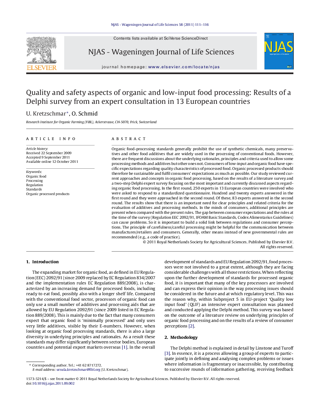 Quality and safety aspects of organic and low-input food processing: Results of a Delphi survey from an expert consultation in 13 European countries