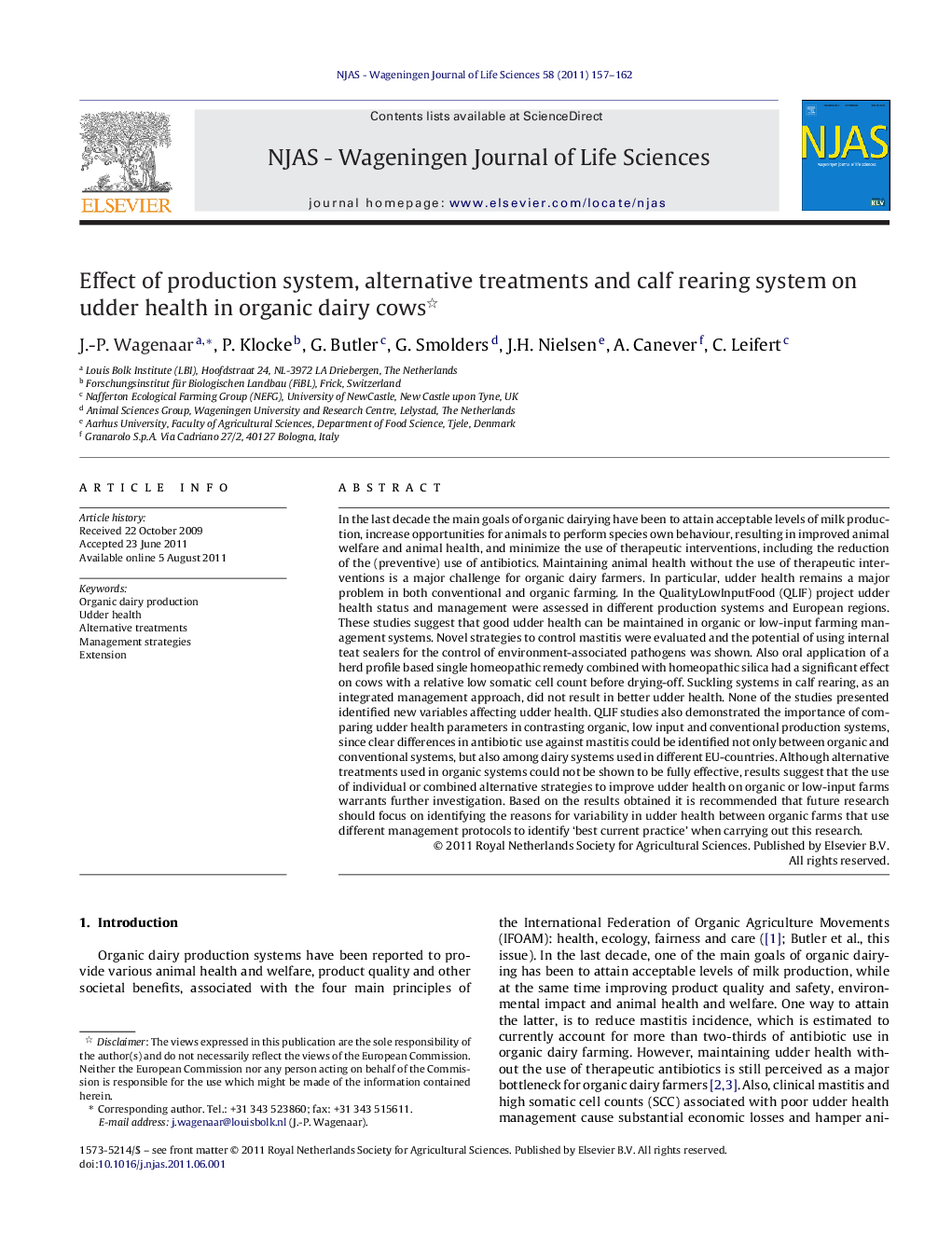 Effect of production system, alternative treatments and calf rearing system on udder health in organic dairy cows 