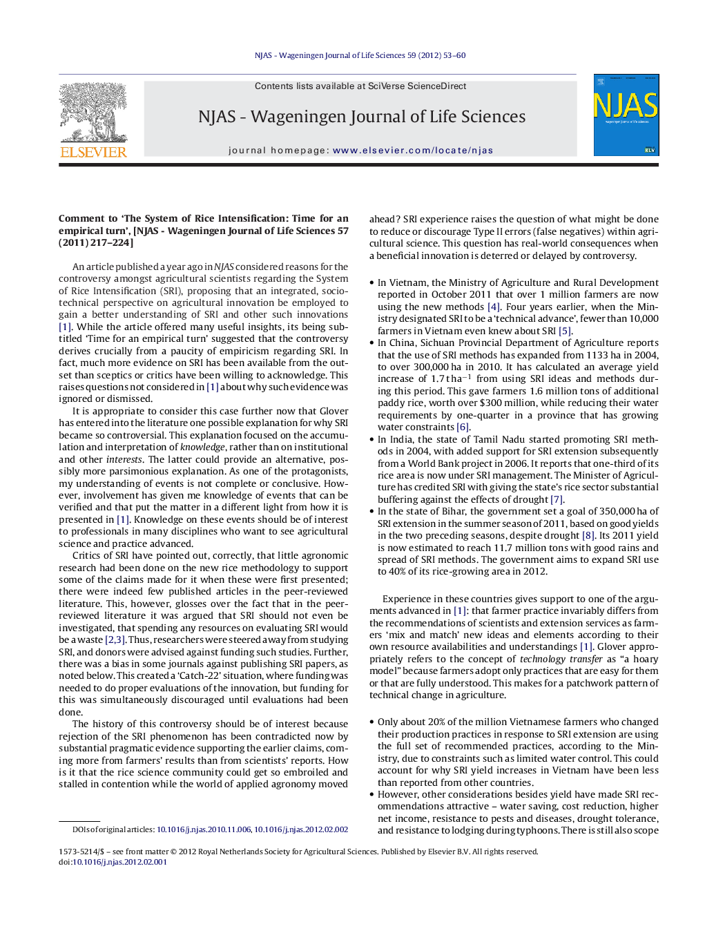 Comment to 'The System of Rice Intensification: Time for an empirical turn', [NJAS - Wageningen Journal of Life Sciences 57 (2011) 217-224]