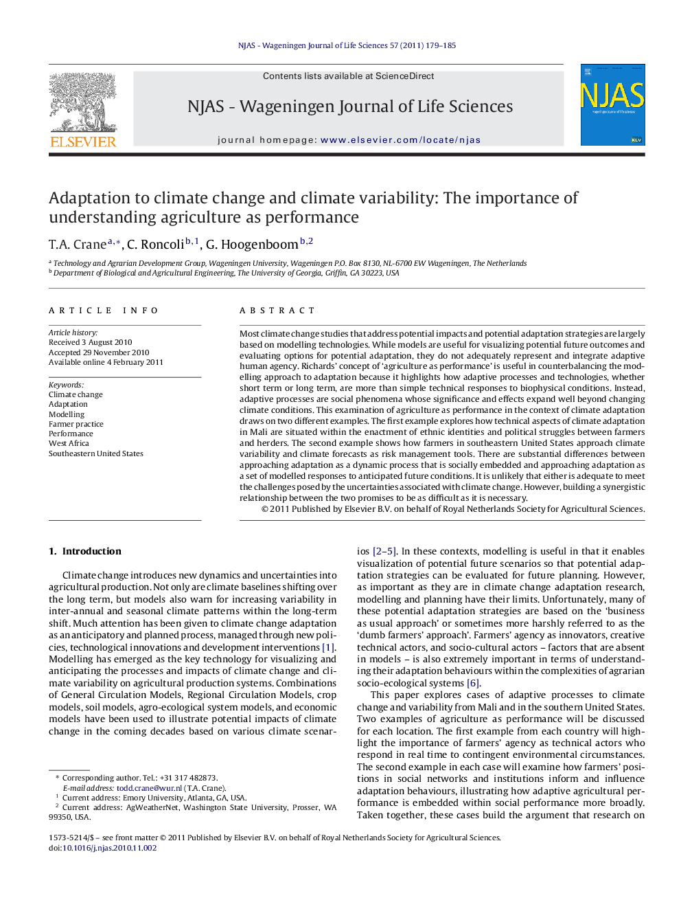 Adaptation to climate change and climate variability: The importance of understanding agriculture as performance