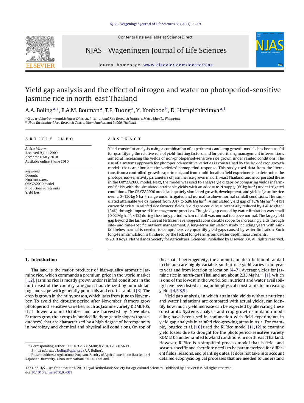 Yield gap analysis and the effect of nitrogen and water on photoperiod-sensitive Jasmine rice in north-east Thailand