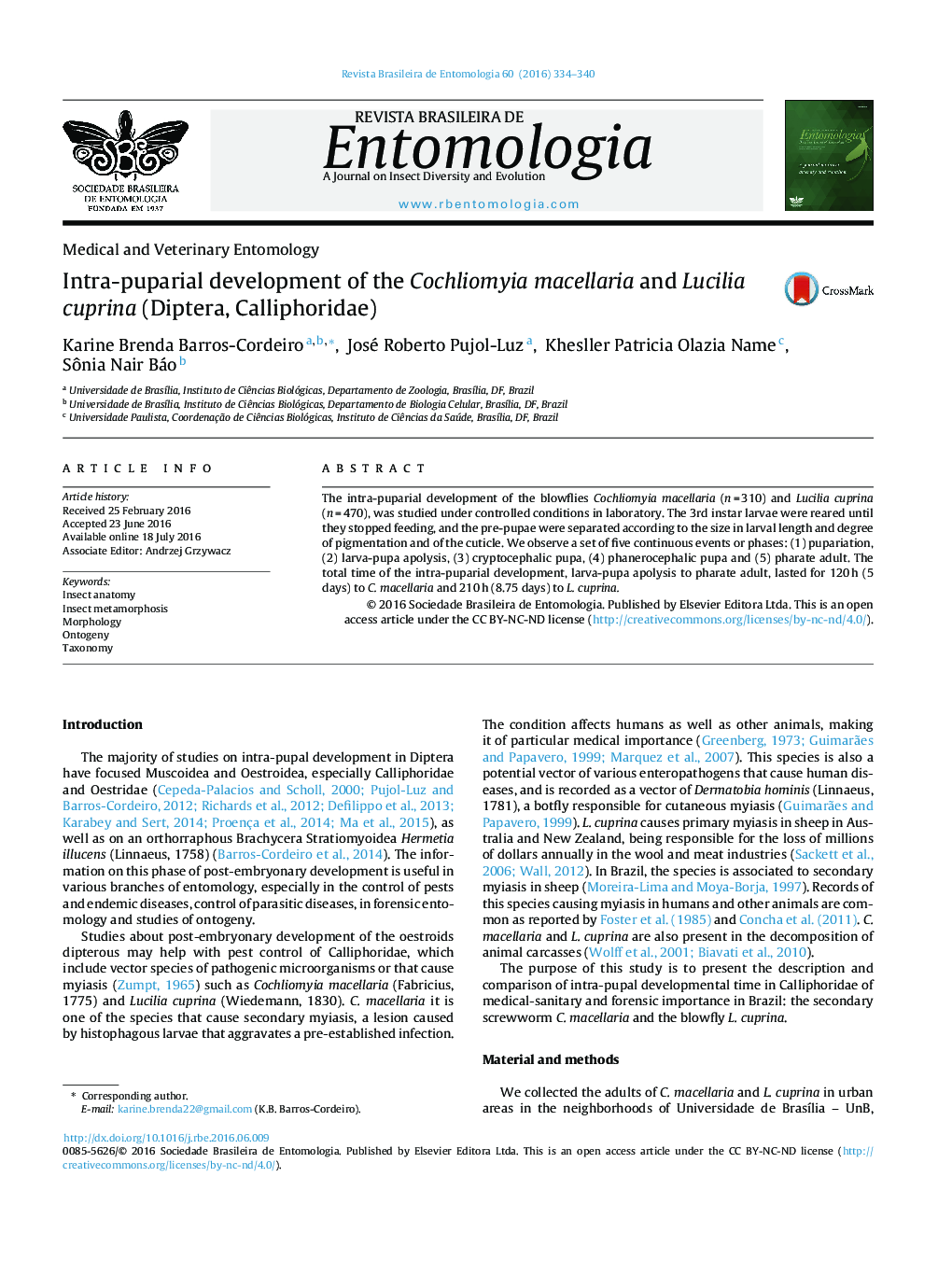 Intra-puparial development of the Cochliomyia macellaria and Lucilia cuprina (Diptera, Calliphoridae)