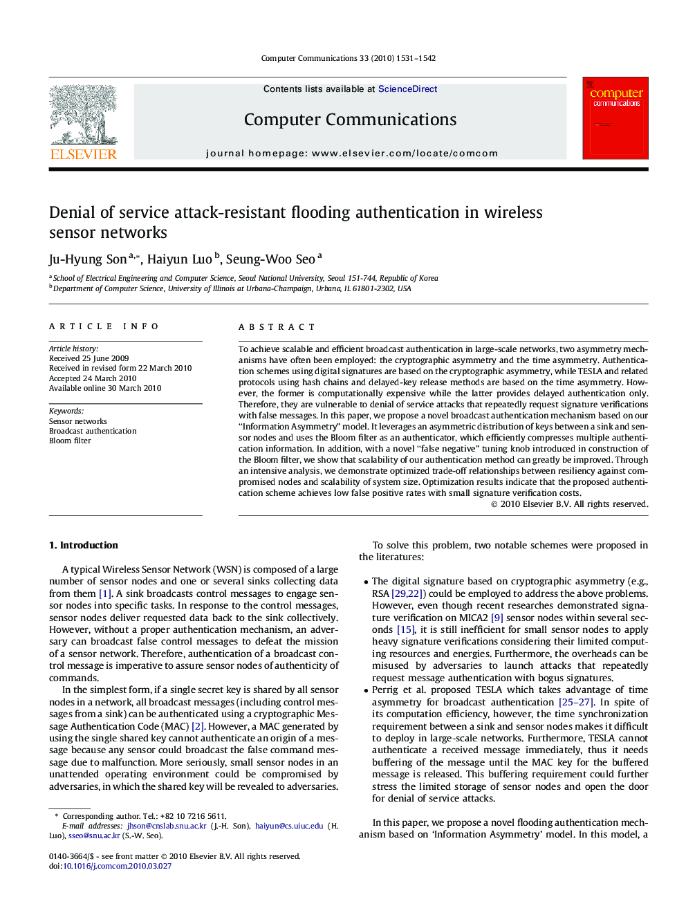 Denial of service attack-resistant flooding authentication in wireless sensor networks