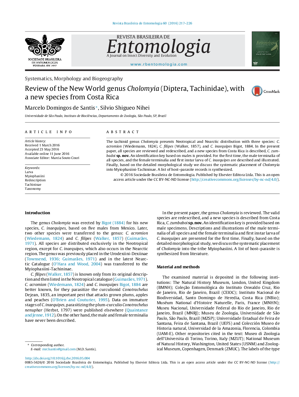 Review of the New World genus Cholomyia (Diptera, Tachinidae), with a new species from Costa Rica