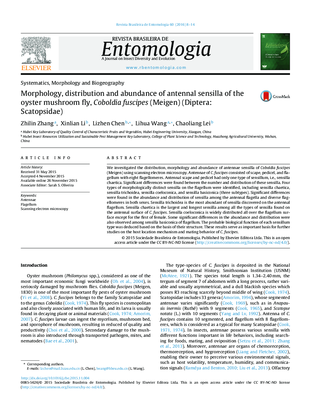 Morphology, distribution and abundance of antennal sensilla of the oyster mushroom fly, Coboldia fuscipes (Meigen) (Diptera: Scatopsidae)