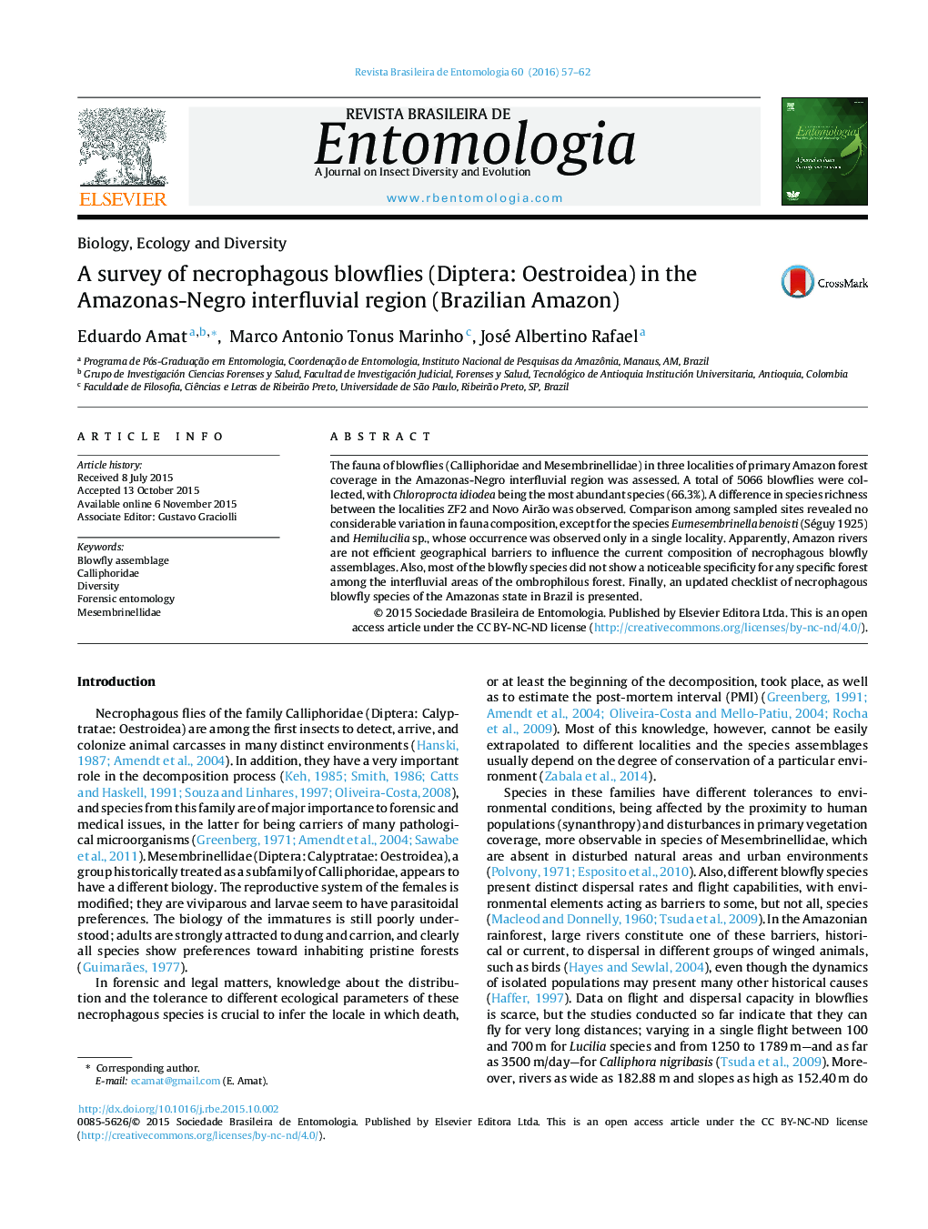 A survey of necrophagous blowflies (Diptera: Oestroidea) in the Amazonas-Negro interfluvial region (Brazilian Amazon)