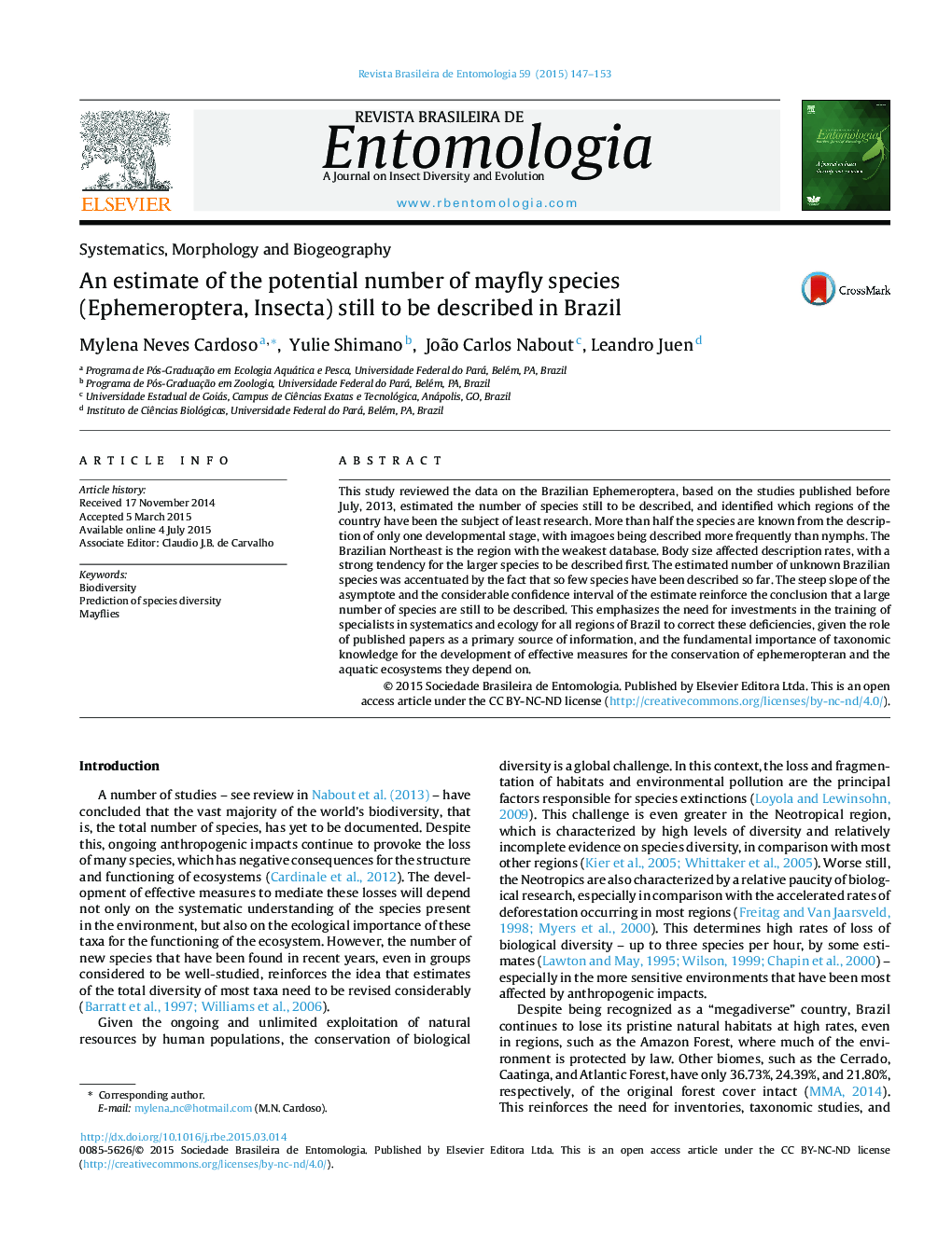 An estimate of the potential number of mayfly species (Ephemeroptera, Insecta) still to be described in Brazil