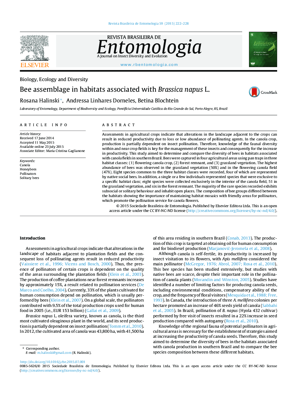 Bee assemblage in habitats associated with Brassica napus L.