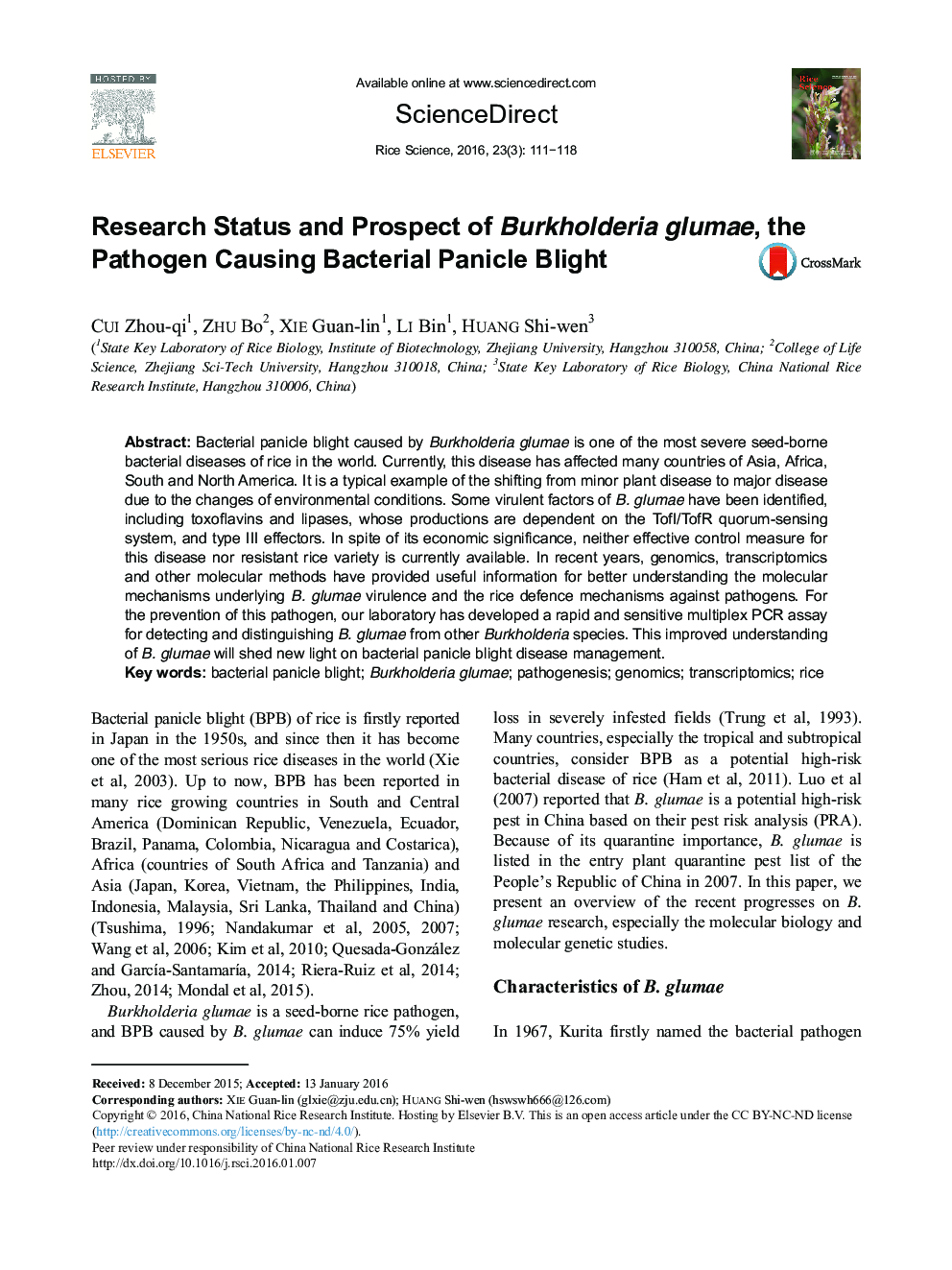 Research Status and Prospect of Burkholderia glumae, the Pathogen Causing Bacterial Panicle Blight 