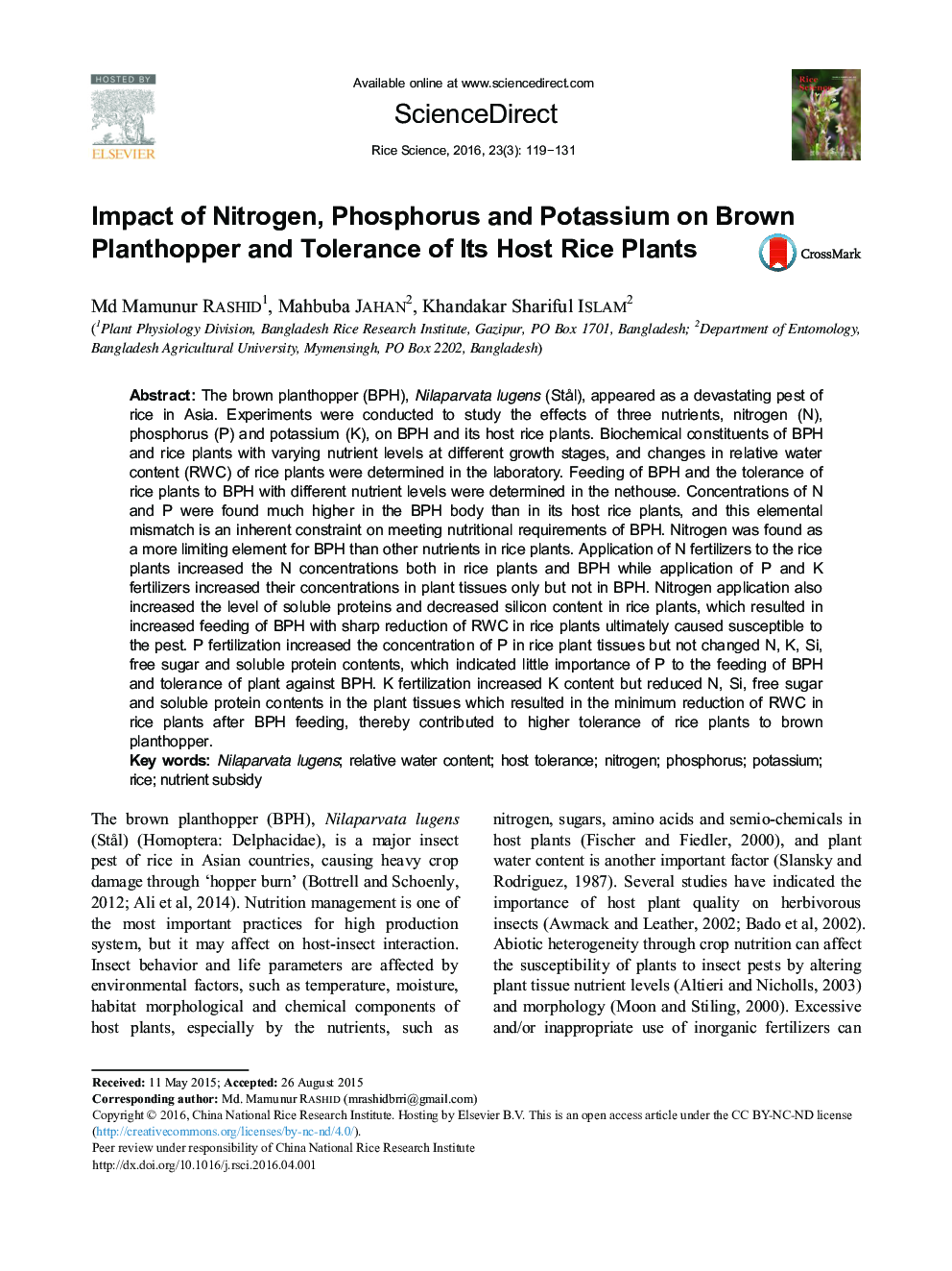 Impact of Nitrogen, Phosphorus and Potassium on Brown Planthopper and Tolerance of Its Host Rice Plants 