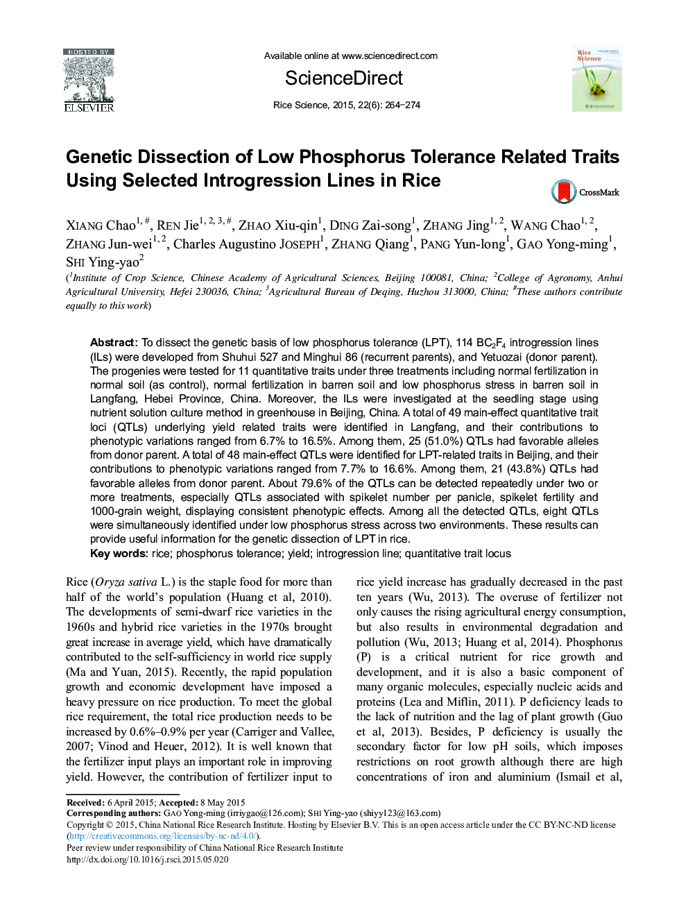 Genetic Dissection of Low Phosphorus Tolerance Related Traits Using Selected Introgression Lines in Rice 