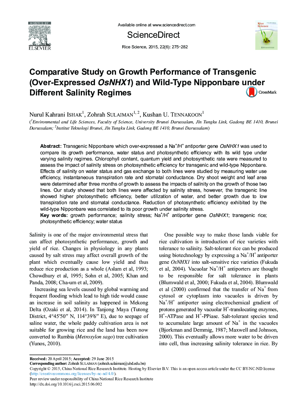 Comparative Study on Growth Performance of Transgenic (Over-Expressed OsNHX1) and Wild-Type Nipponbare under Different Salinity Regimes