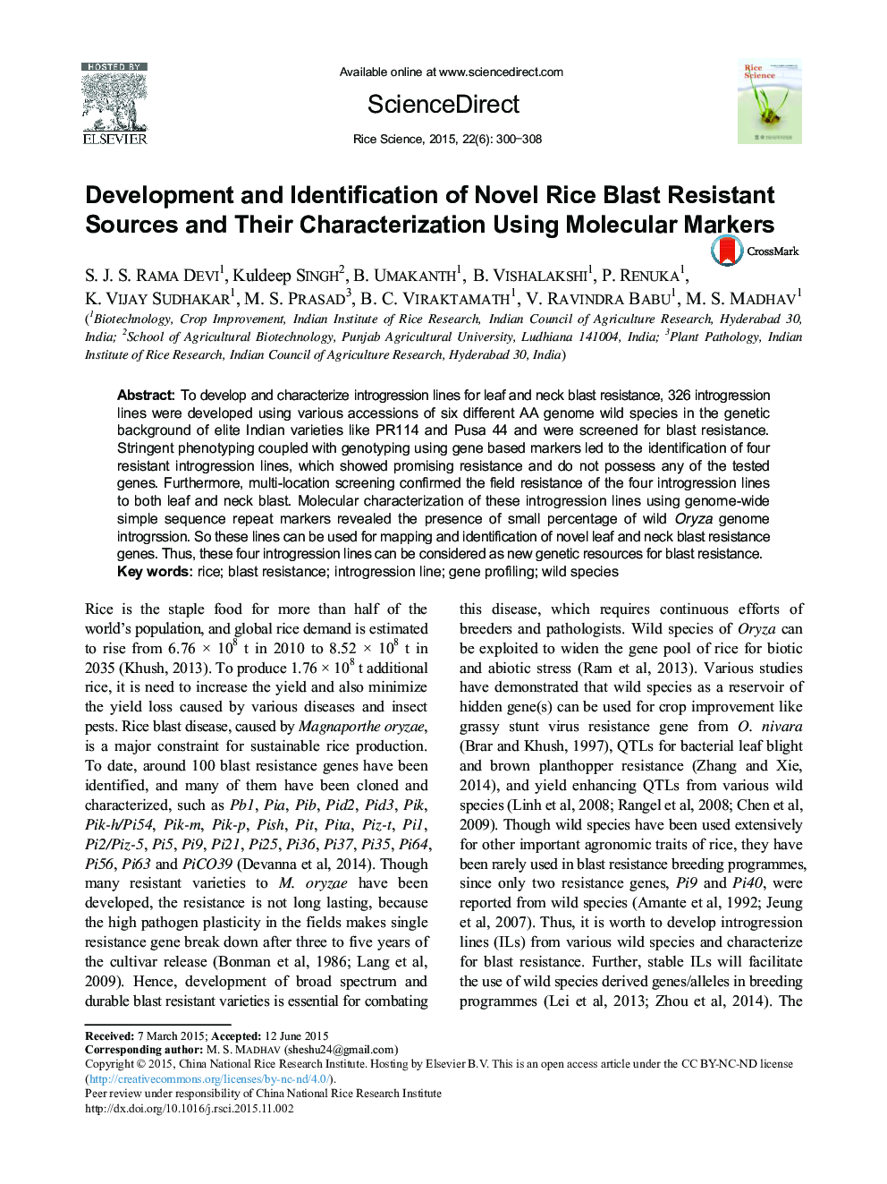 Development and Identification of Novel Rice Blast Resistant Sources and Their Characterization Using Molecular Markers 