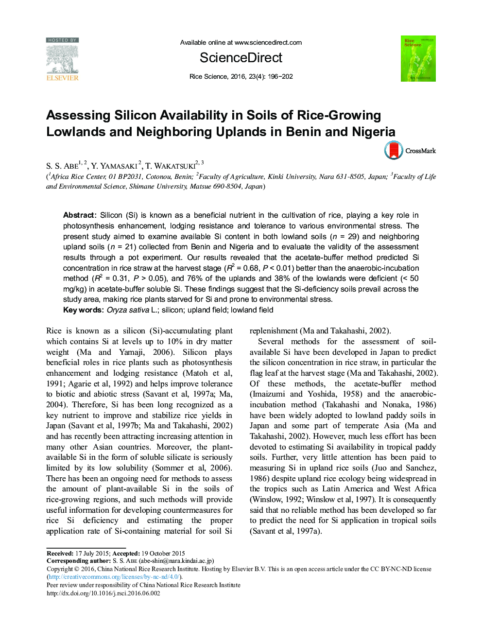 Assessing Silicon Availability in Soils of Rice-Growing Lowlands and Neighboring Uplands in Benin and Nigeria 