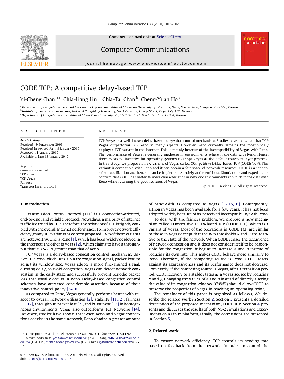 عکس صفحه اول مقاله: CODE TCP: A competitive delay-based TCP CODE TCP: A competitive delay-based TCP