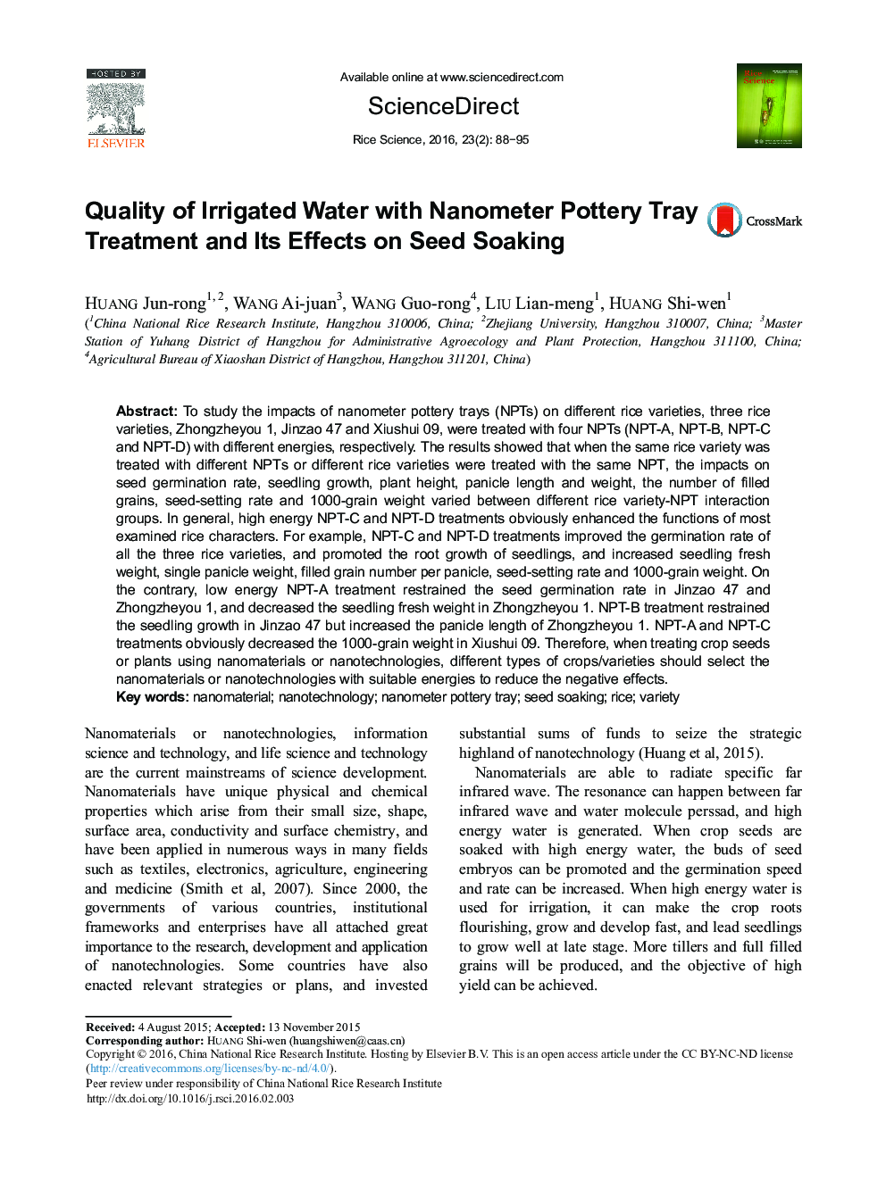 Quality of Irrigated Water with Nanometer Pottery Tray Treatment and Its Effects on Seed Soaking 