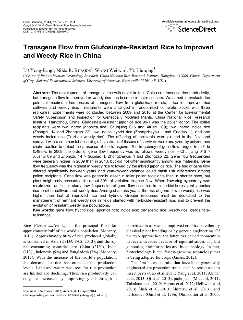 Transgene Flow from Glufosinate-Resistant Rice to Improved and Weedy Rice in China