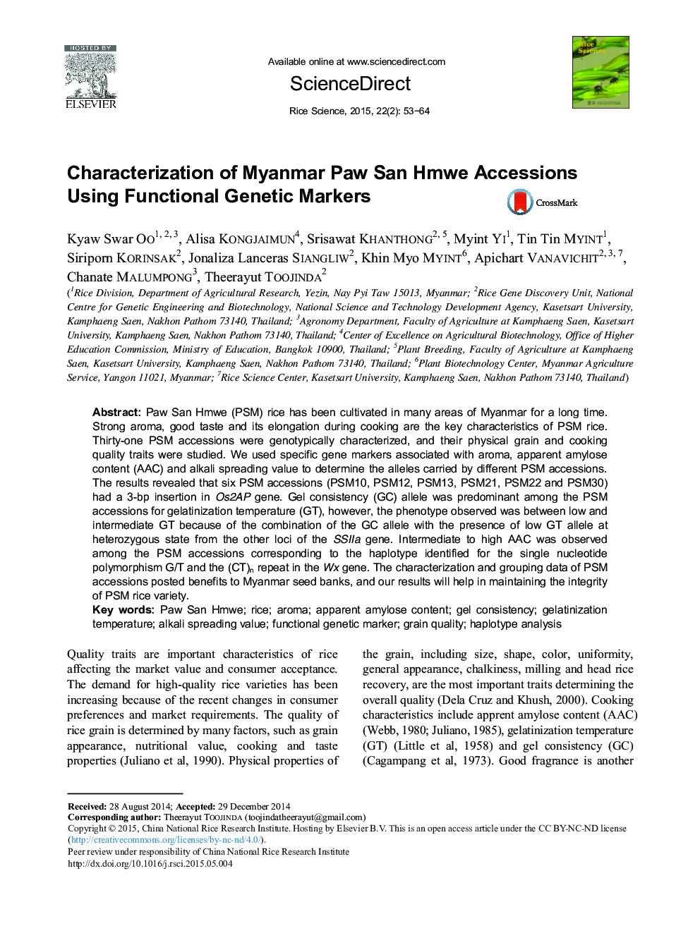 Characterization of Myanmar Paw San Hmwe Accessions Using Functional Genetic Markers 