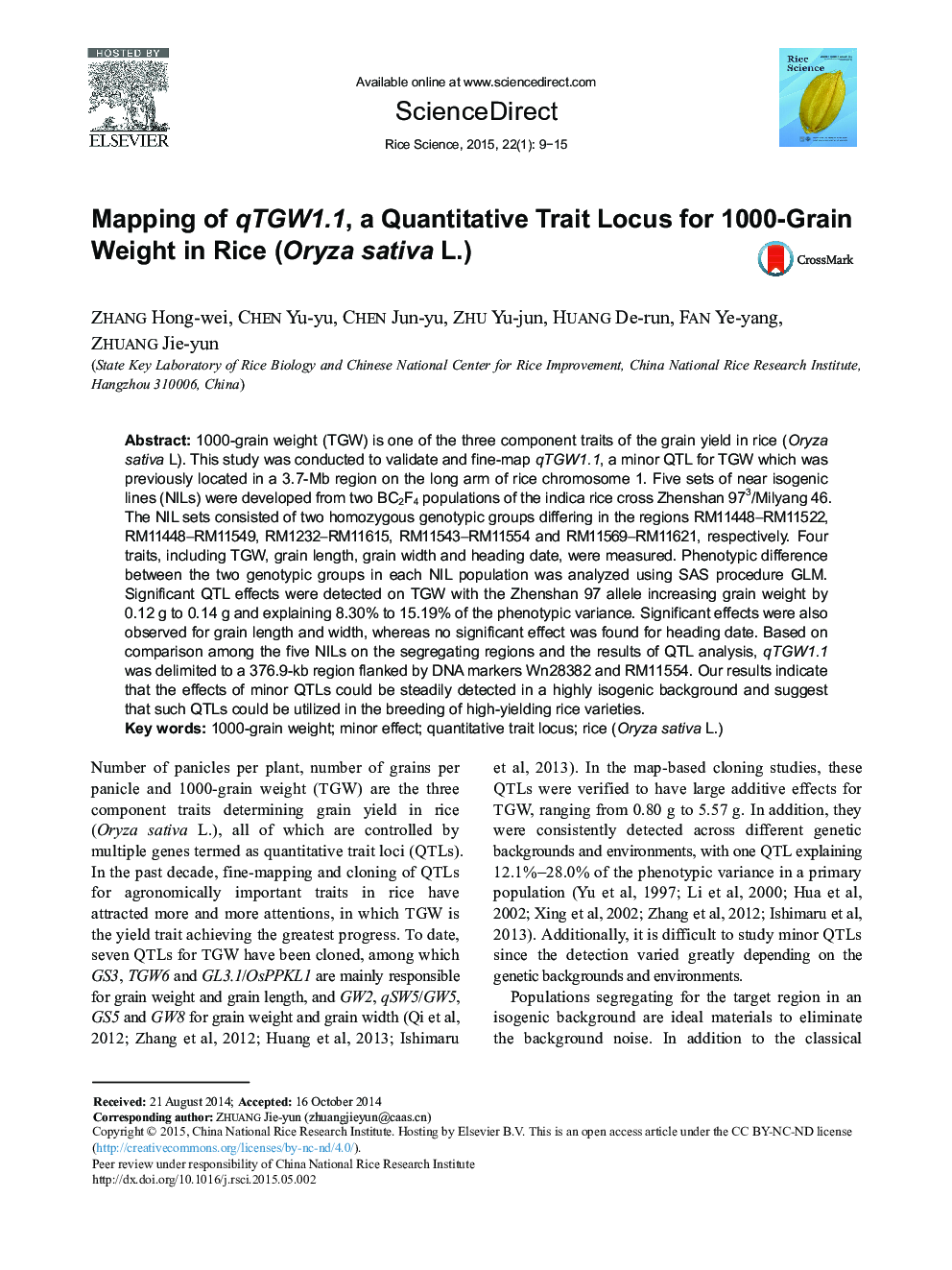 Mapping of qTGW1.1, a Quantitative Trait Locus for 1000-Grain Weight in Rice (Oryza sativa L.) 